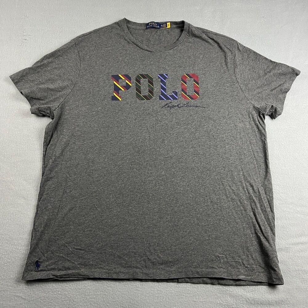 Polo Ralph Lauren Striped Logo Graphic Print T-Shirt Heather Gray Men's XXL - Picture 2 of 9